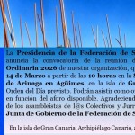 Anuncio de la Convocatoria Oficial de la Asamblea General Ordinaria 2026 de la Federación de Salto del Pastor Canario (FSPC) del Sábado día 14 de Marzo de 2026 la Sede Federativa de Cruce de Arinaga en Agüimes - Isla de Gran Canaria - Archivo Documental de la FSPC - Archipiélago Canario (Marzo de 2026). Anuncio de la Convocatoria Oficial de la Asamblea General Ordinaria 2026 de la Federación de Salto del Pastor Canario (FSPC) del Sábado día 14 de Marzo de 2026 la Sede Federativa de Cruce de Arinaga en Agüimes - Isla de Gran Canaria - Archivo Documental de la FSPC - Archipiélago Canario (Marzo de 2026).