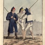 Atuendo Tradicional en el Siglo XIX de los Campesinos de Lanzarote y Fuerteventura con Lata ó Garrote - Grabado Coloreado Sobre un Dibujo de Alfred Diston publicado en la Obra de Francis Colleman Mac Gregor 'Die Canarischen Inseln' - Lanzarote y Fuerteventura - Archivo Documental de la Federación de Salto del Pastor Canario (FSPC) - Archipiélago Canario y Hannover (1831).
