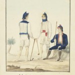 Atuendo Tradicional en el Siglo XIX de los Majoreros, Nativos Campesinos de la Isla de Fuerteventura con Garrote ó Lata y Macana - Grabado Coloreado Sobre un Dibujo de Alfred Diston publicado en la Obra de Francis Colleman Mac Gregor 'Die Canarischen Inseln' - Fuerteventura - Archivo Documental de la Federación de Salto del Pastor Canario (FSPC) - Archipiélago Canario y Hannover (1831).