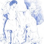 Recreación de los Antiguos Canariis Transitando por Taxanicuvidagua ó Etexenicavidagua (Paso y País del Palo) en Ayatirrna y Tamadaba - Ilustración del Artista Juan Santiago Cabrera Cruz - Archivo Documental de la Federación de Salto del Pastor Canario (FSPC) - Agaete y Artenara - Gran Canaria - Archipiélago Canario (2005).